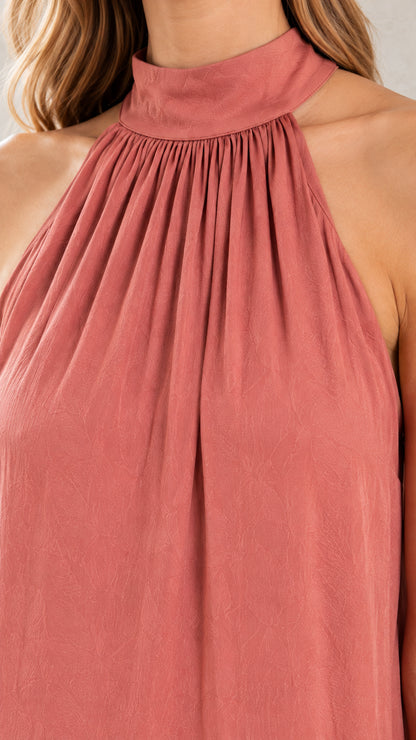 Close-up of gathered high halter neckline in Dusty Rose fabric