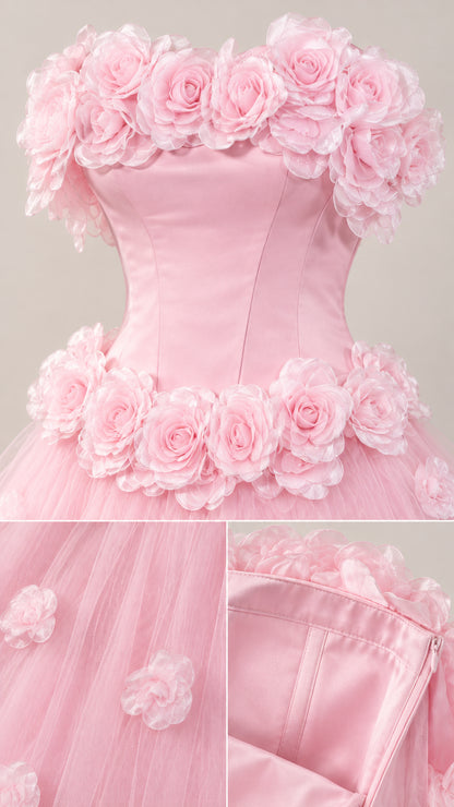 Close-up detail of 3D rosette neckline, waist flowers, and interior lining