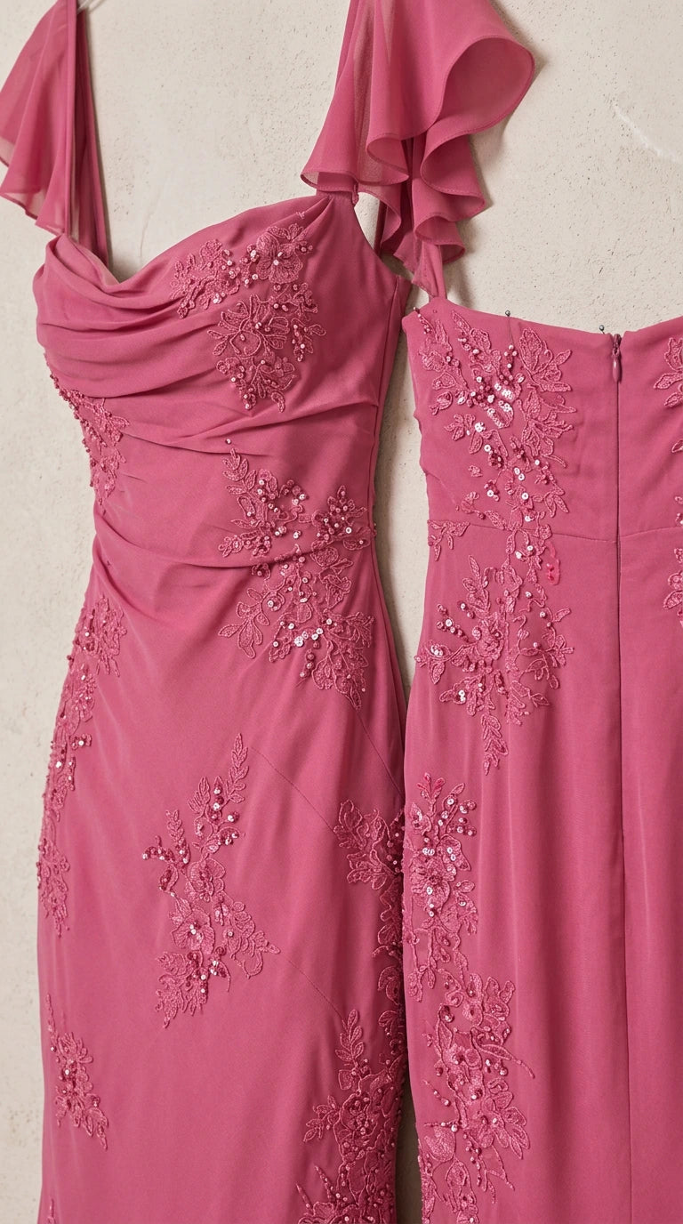 Close-up detail of bodice draping and beaded floral lace embroidery