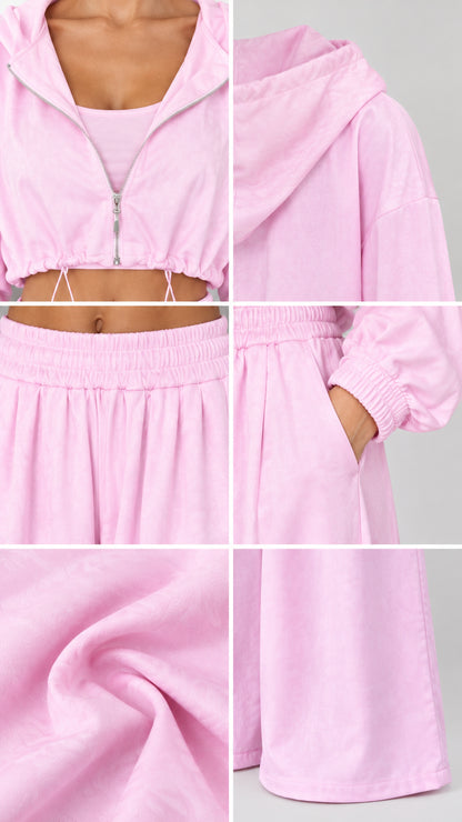 Detailed close-up collage of pink zip hoodie, drawstring, waistband, and soft fabric texture