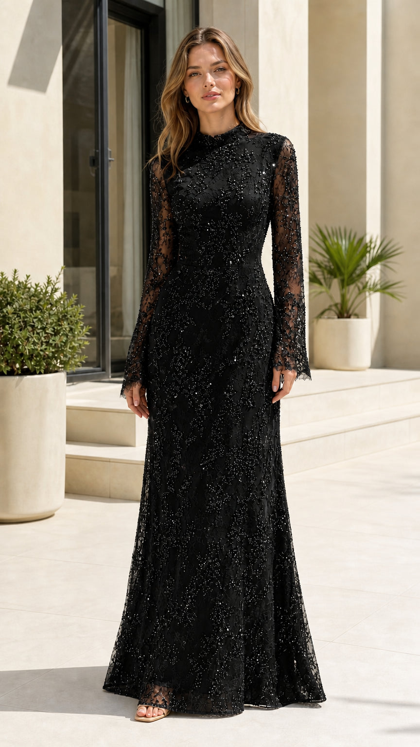 Full front view of black high neck sequined lace long sleeve evening gown