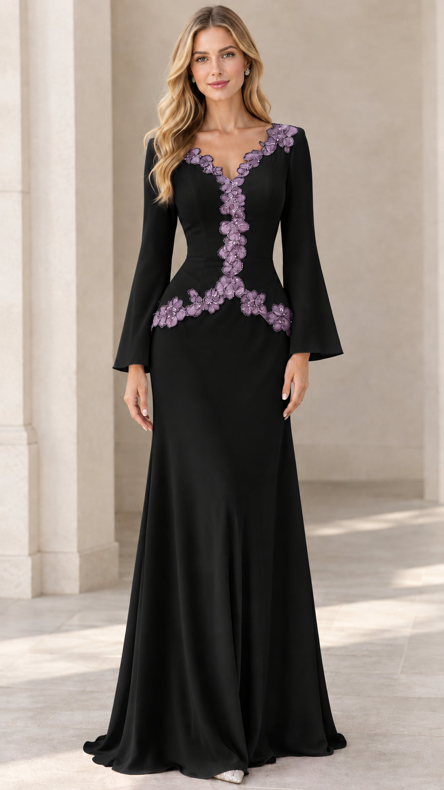 Black long bell sleeve formal gown with lilac embroidered lace appliqué