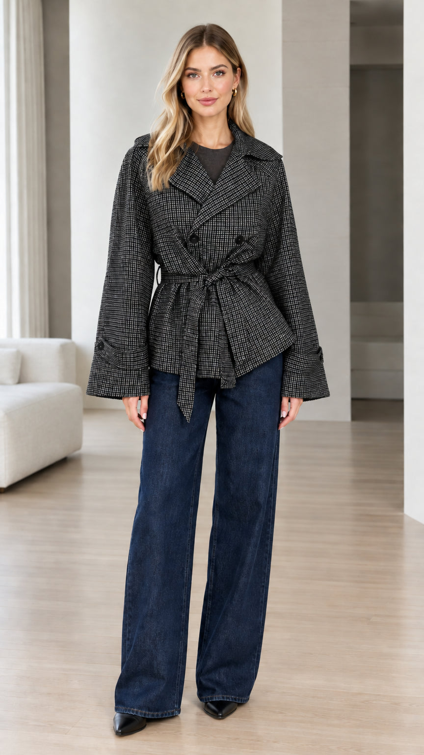 Model wearing charcoal grey plaid belted jacket with dark jeans