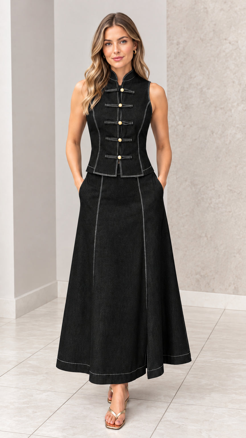 Front full-length view of woman wearing black mandarin collar vest and maxi skirt set