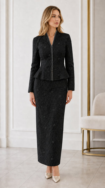 Full front view of black embroidered peplum skirt suit