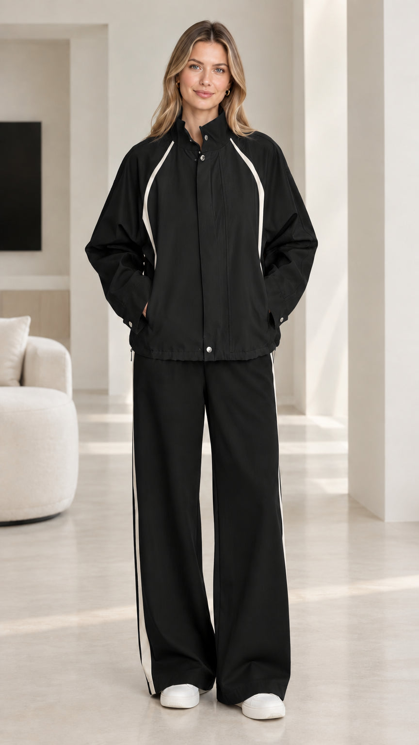 Black and white colorblock two-piece tracksuit set on model
