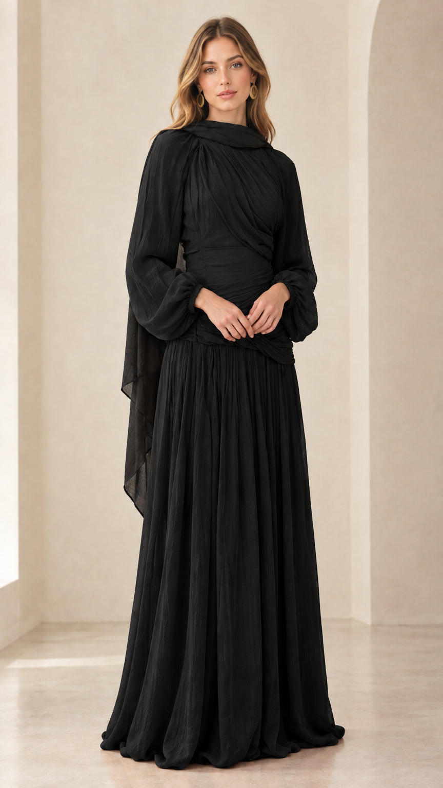 Front view of black pleated chiffon long sleeve maxi evening gown
