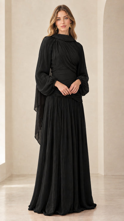 Front view of black pleated chiffon long sleeve maxi evening gown