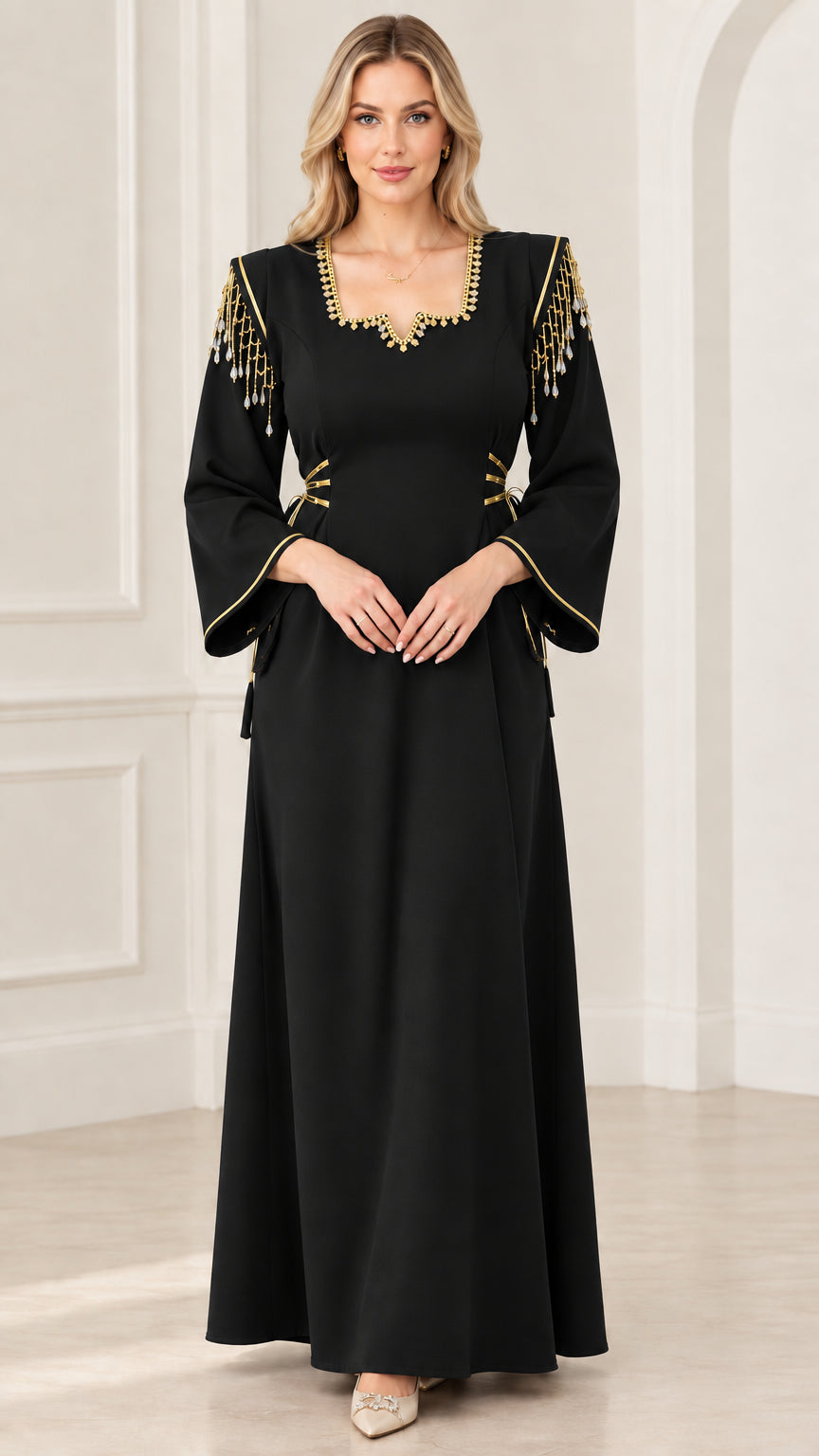 Front view of black beaded fringe shoulder maxi dress