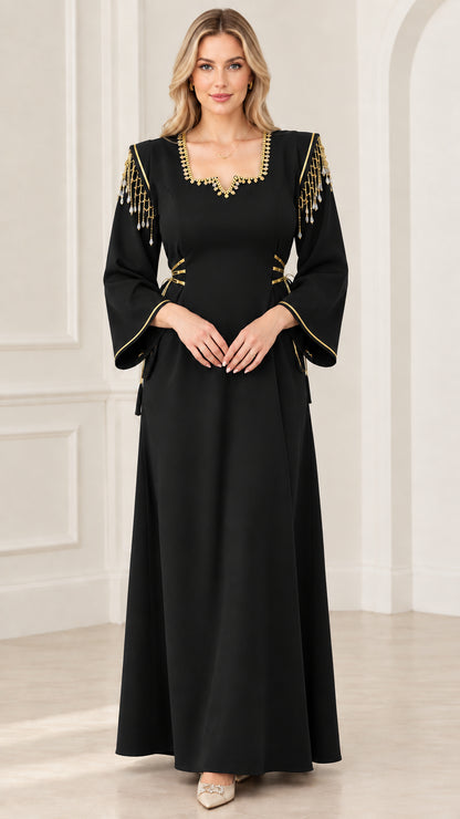 Front view of black beaded fringe shoulder maxi dress