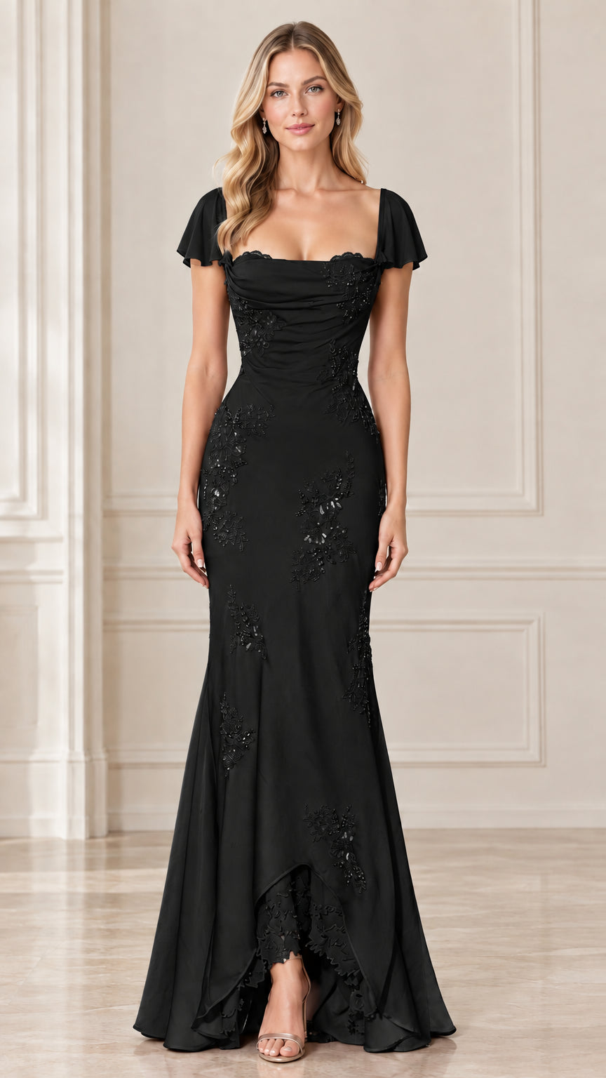Black flutter sleeve ruched mermaid formal gown