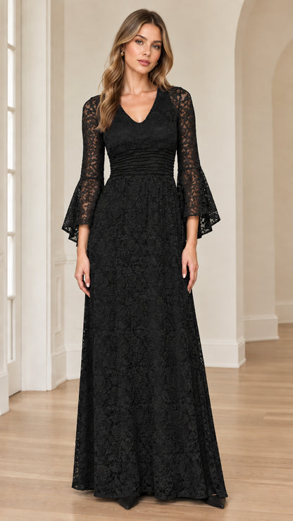 Front view of black floral lace flare sleeve maxi evening dress