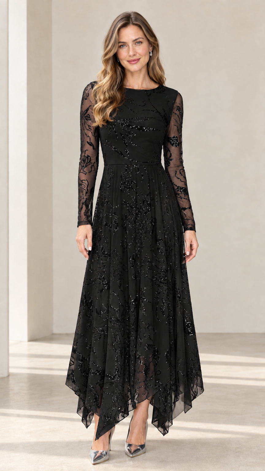 Front view of black sequin embroidered long sleeve handkerchief hem evening midi dress