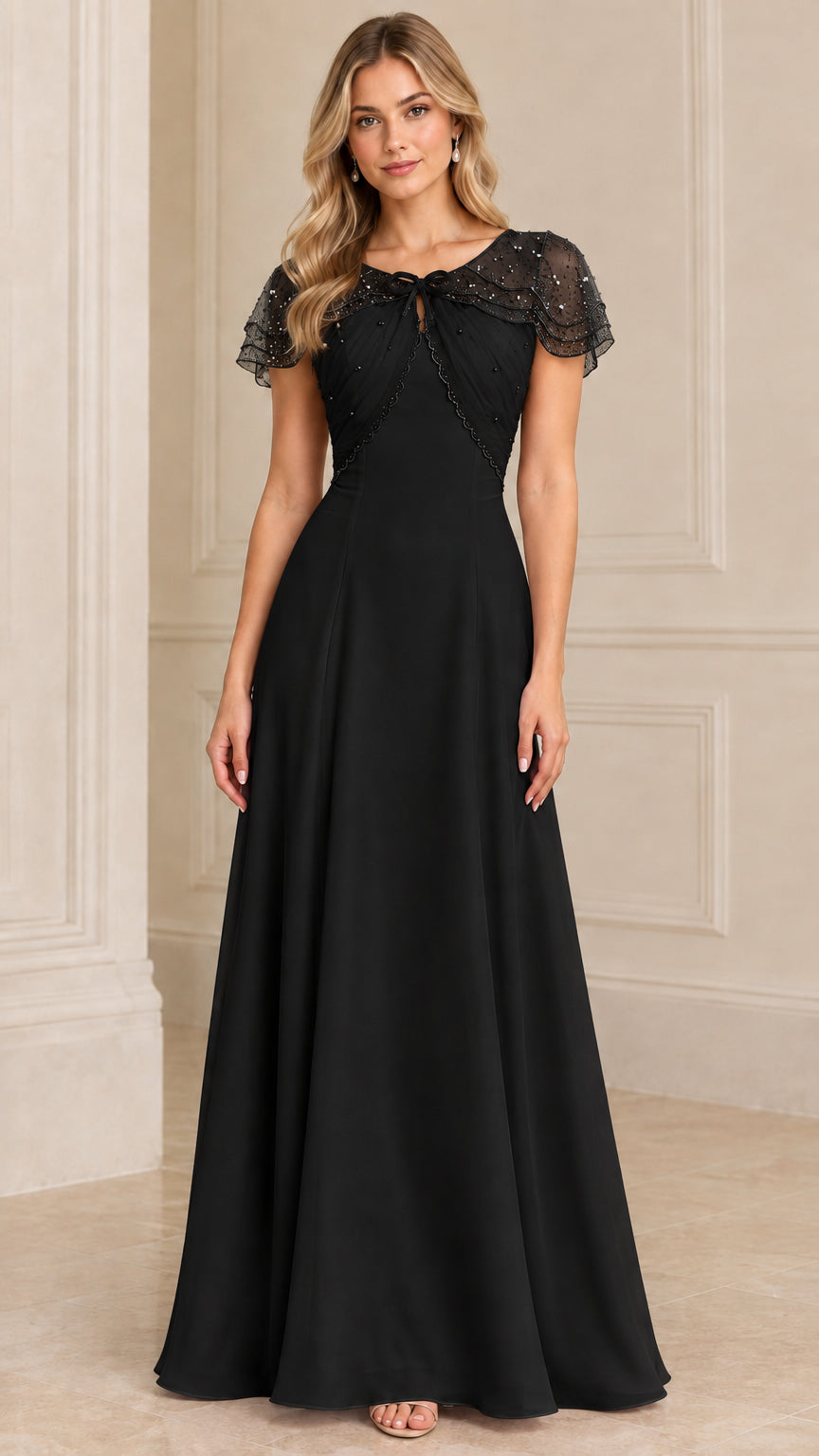 Black beaded capelet formal evening maxi dress