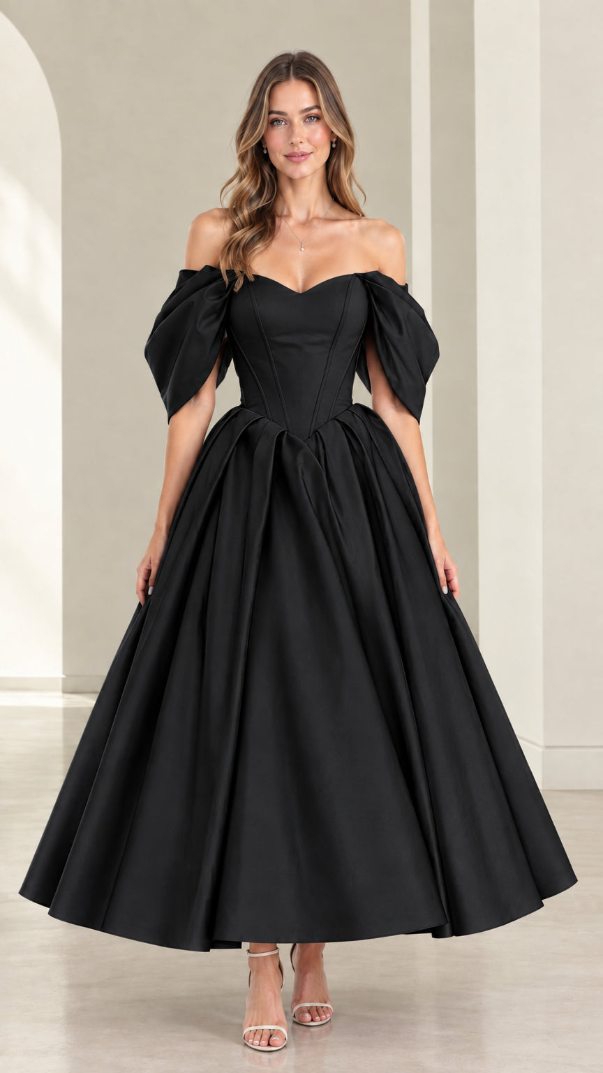 Front view of model wearing Black off-the-shoulder corset evening gown