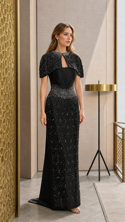 Classic Black beaded capelet formal gown with sweetheart bodice