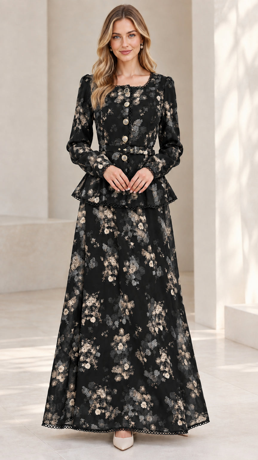 Model wearing Black vintage floral belted peplum maxi dress