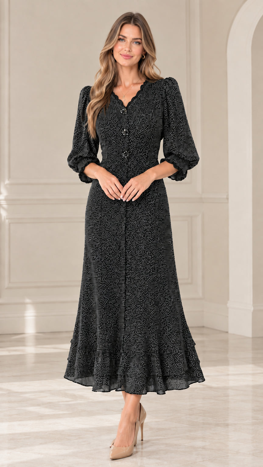 Front view of model wearing Black scalloped V-neck polka dot midi dress