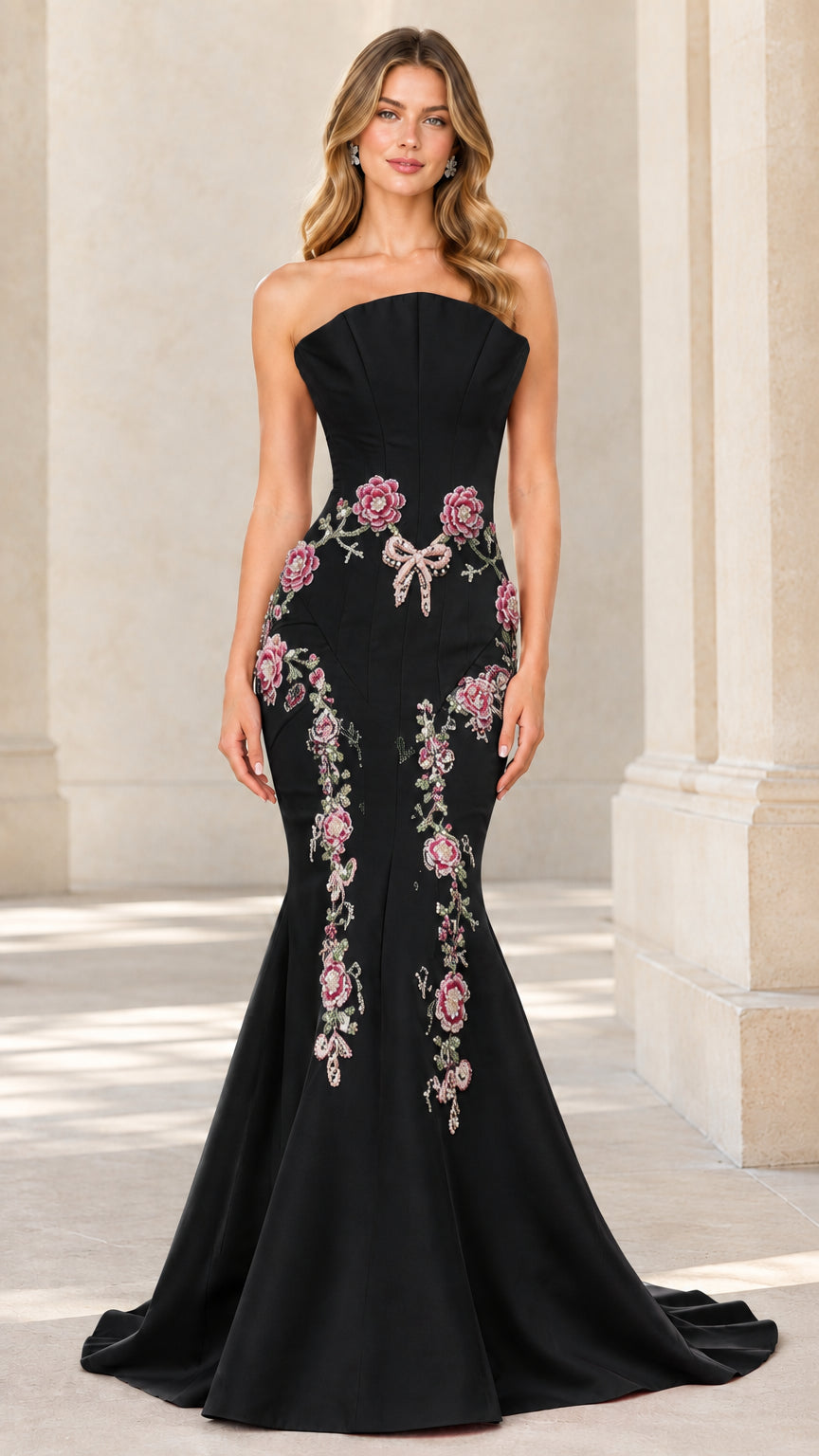 Front view of black strapless floral embroidered mermaid evening gown
