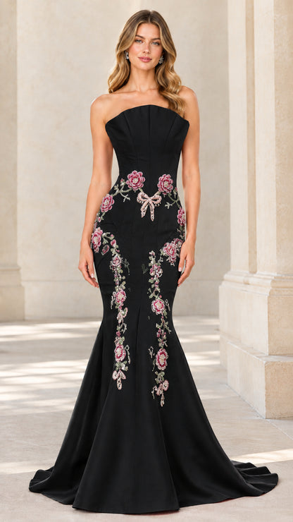 Front view of black strapless floral embroidered mermaid evening gown