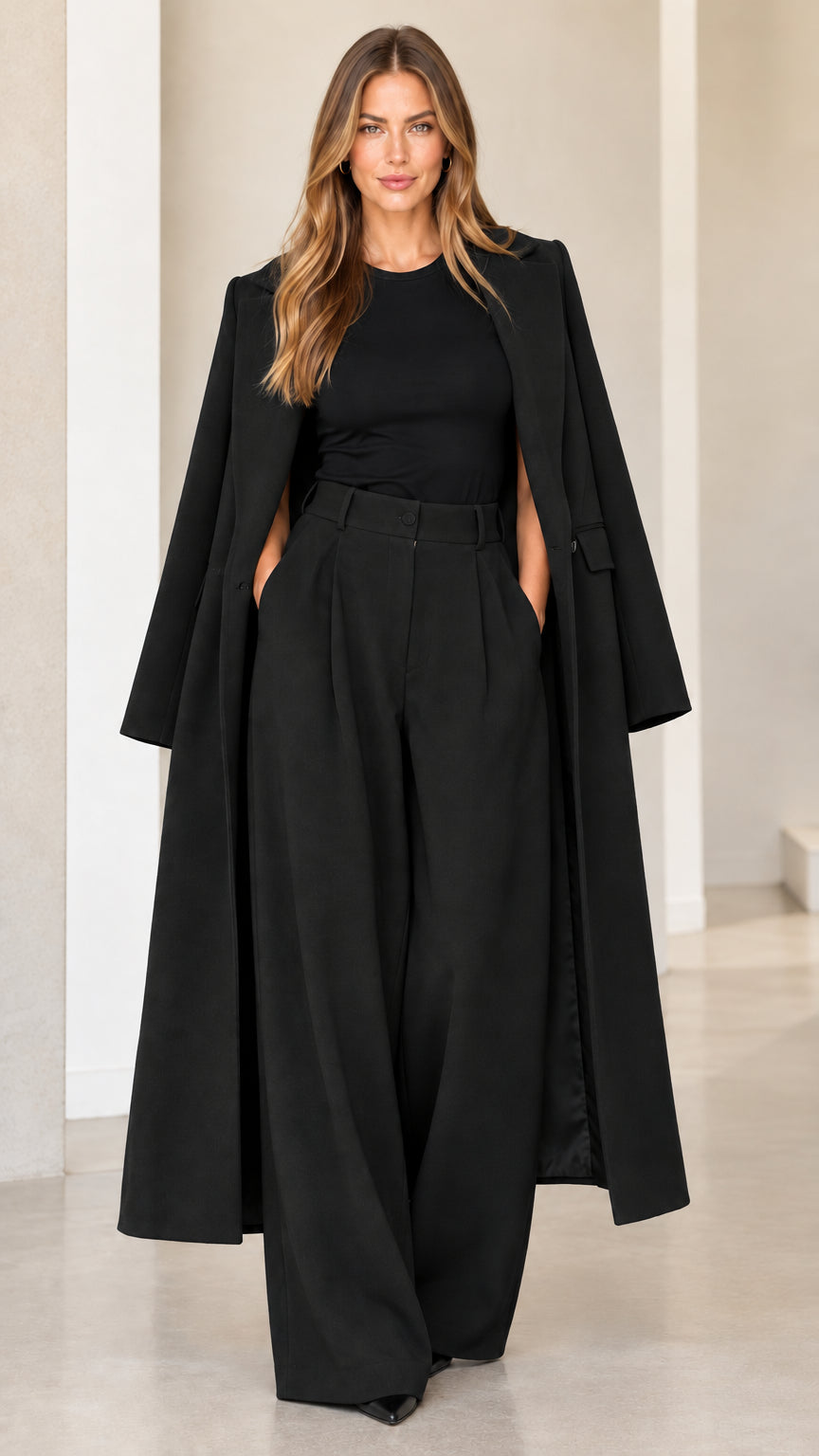 Black cape coat and pleated wide leg pants two-piece suit set