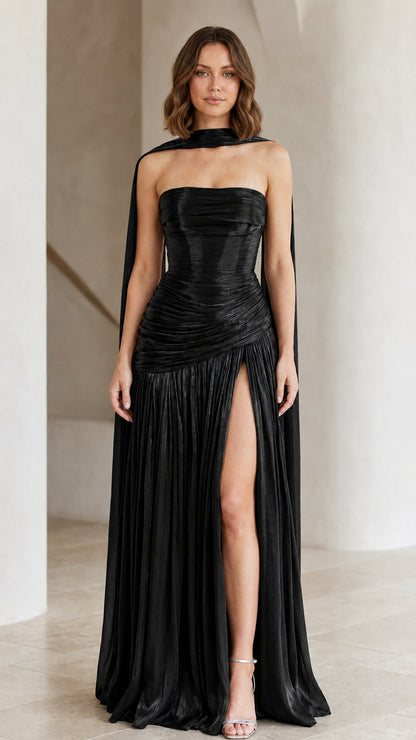 Black strapless metallic pleated formal maxi dress with scarf cape