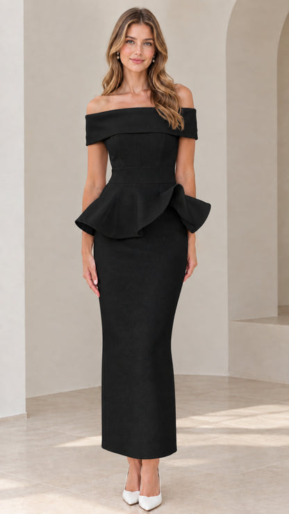 Front view of model wearing black off-the-shoulder peplum maxi dress