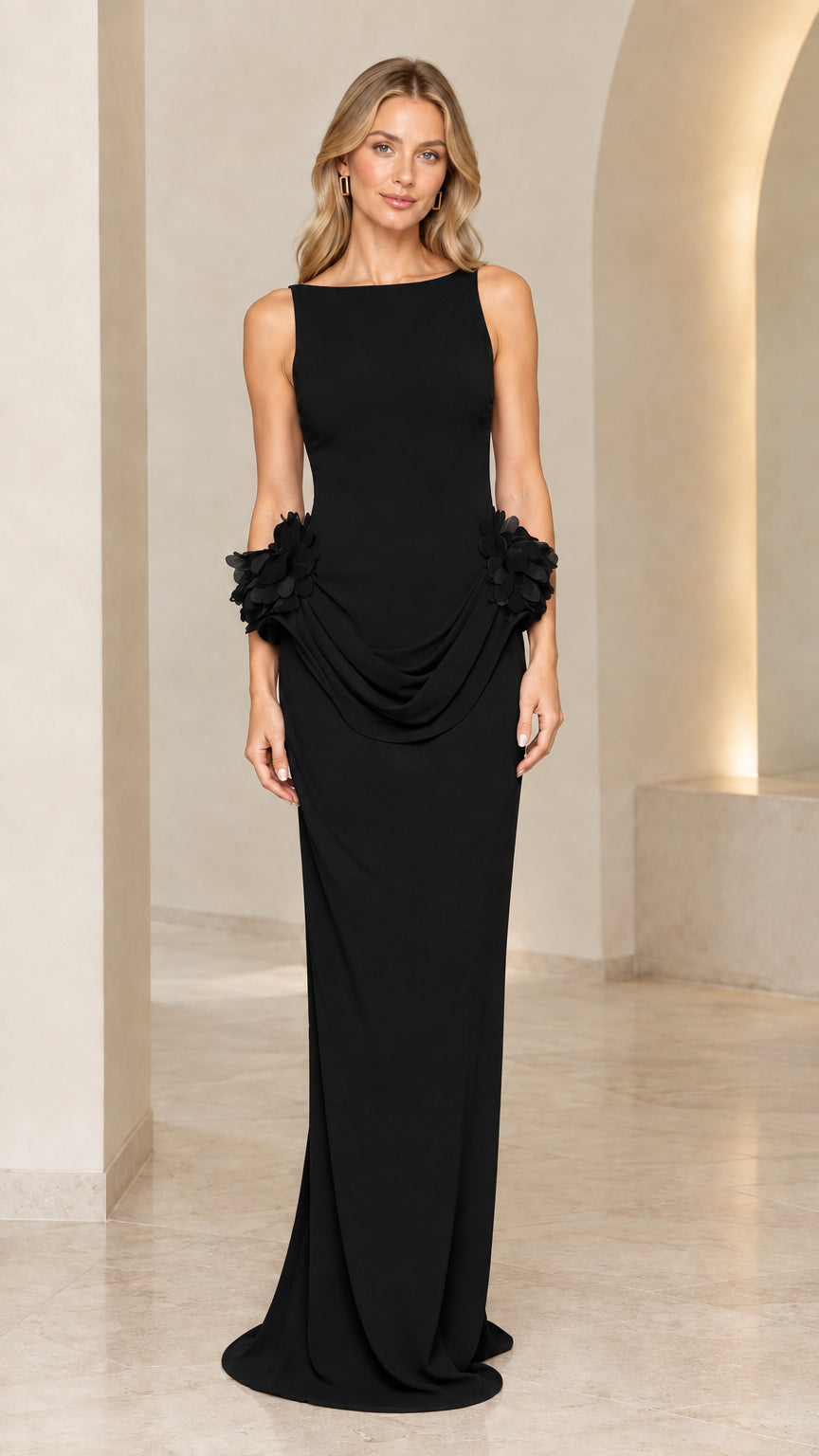 Black boat neck backless maxi evening dress front view