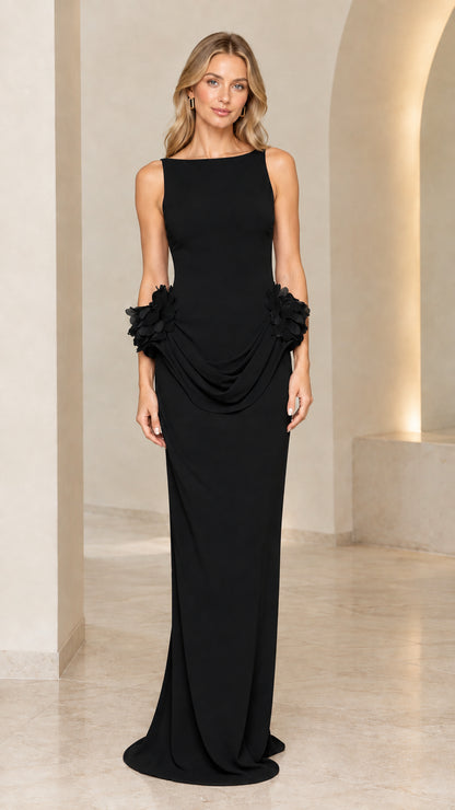 Black boat neck backless maxi evening dress front view