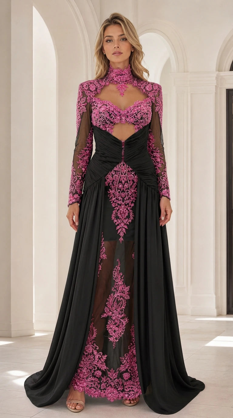 Front view of black and fuchsia two-tone embroidered evening gown with sheer sleeves