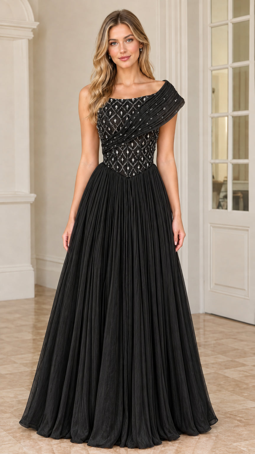 Front view of model wearing Black one-shoulder beaded pleated evening gown