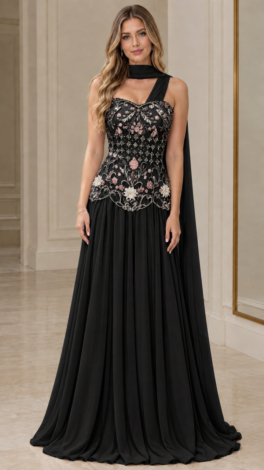 Black embroidered beaded bodice chiffon formal evening dress