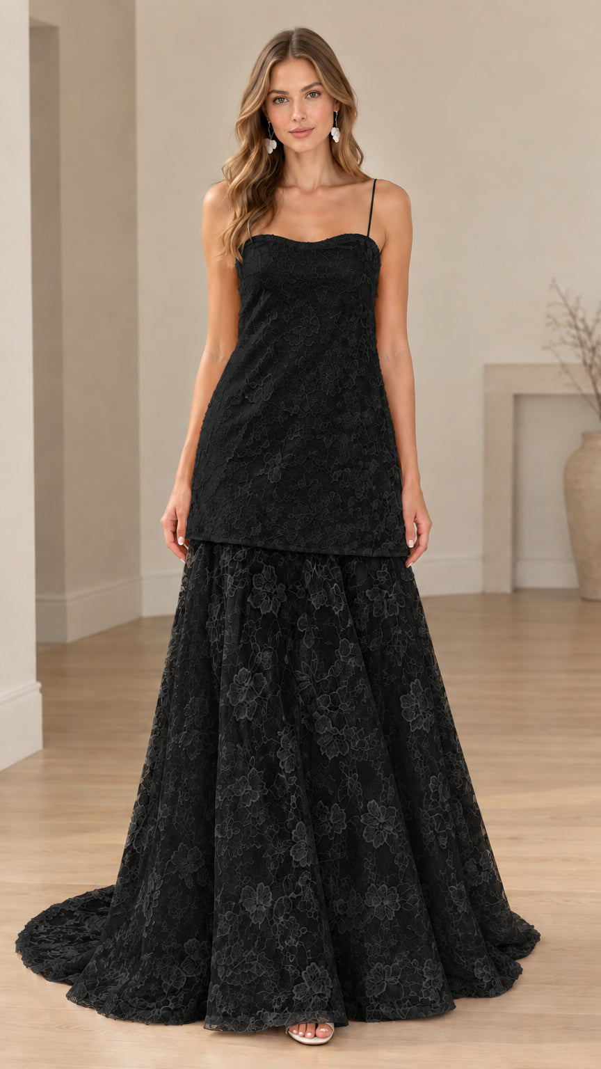 Front view of black floral lace drop-waist formal maxi gown
