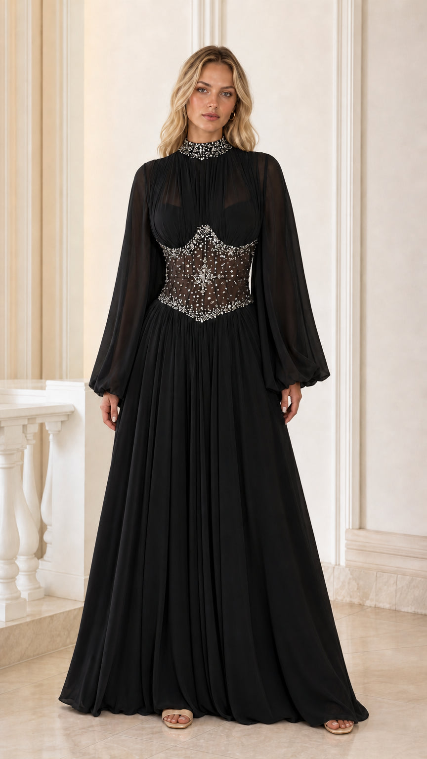Black long sleeve chiffon formal evening dress with beaded corset waist