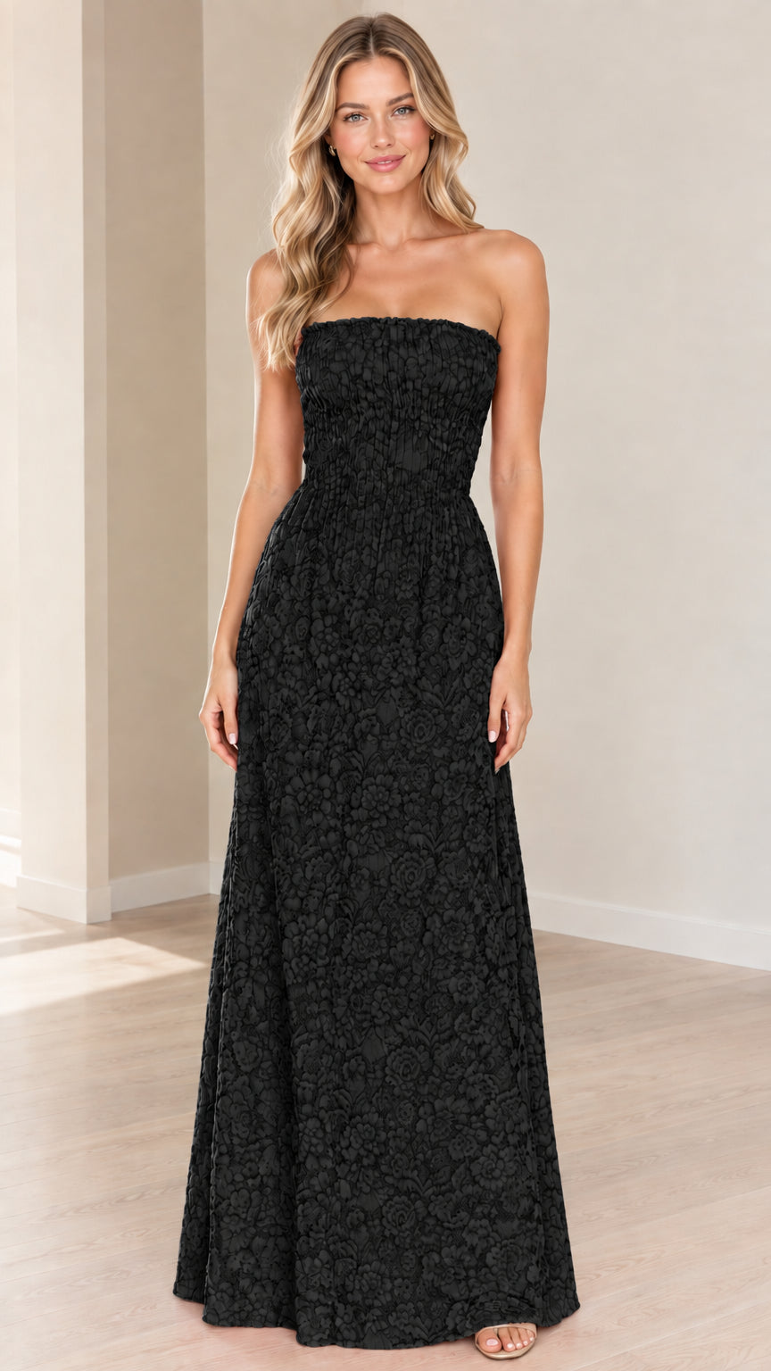Front view of black strapless floral textured maxi dress
