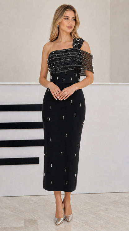 Black one-shoulder embellished midi column dress
