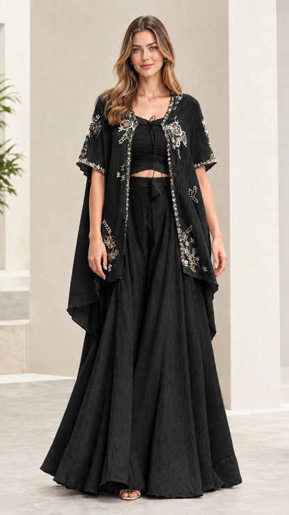 Black embroidered cape 3-piece palazzo co-ord set