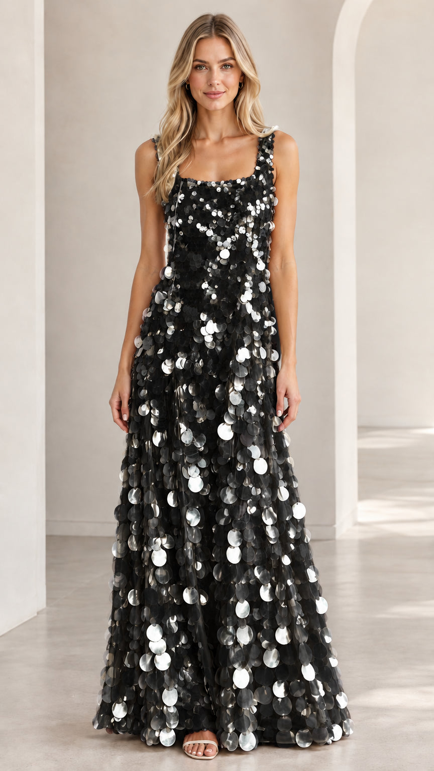 Front view of black sleeveless paillette sequin maxi evening gown