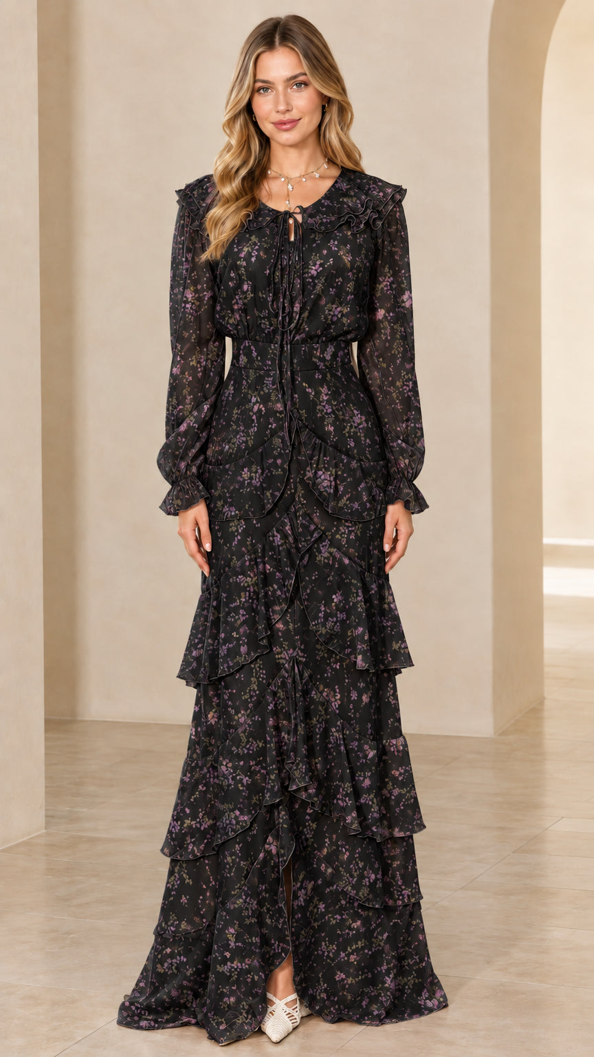 Front view of long sleeve tiered floral maxi dress in black