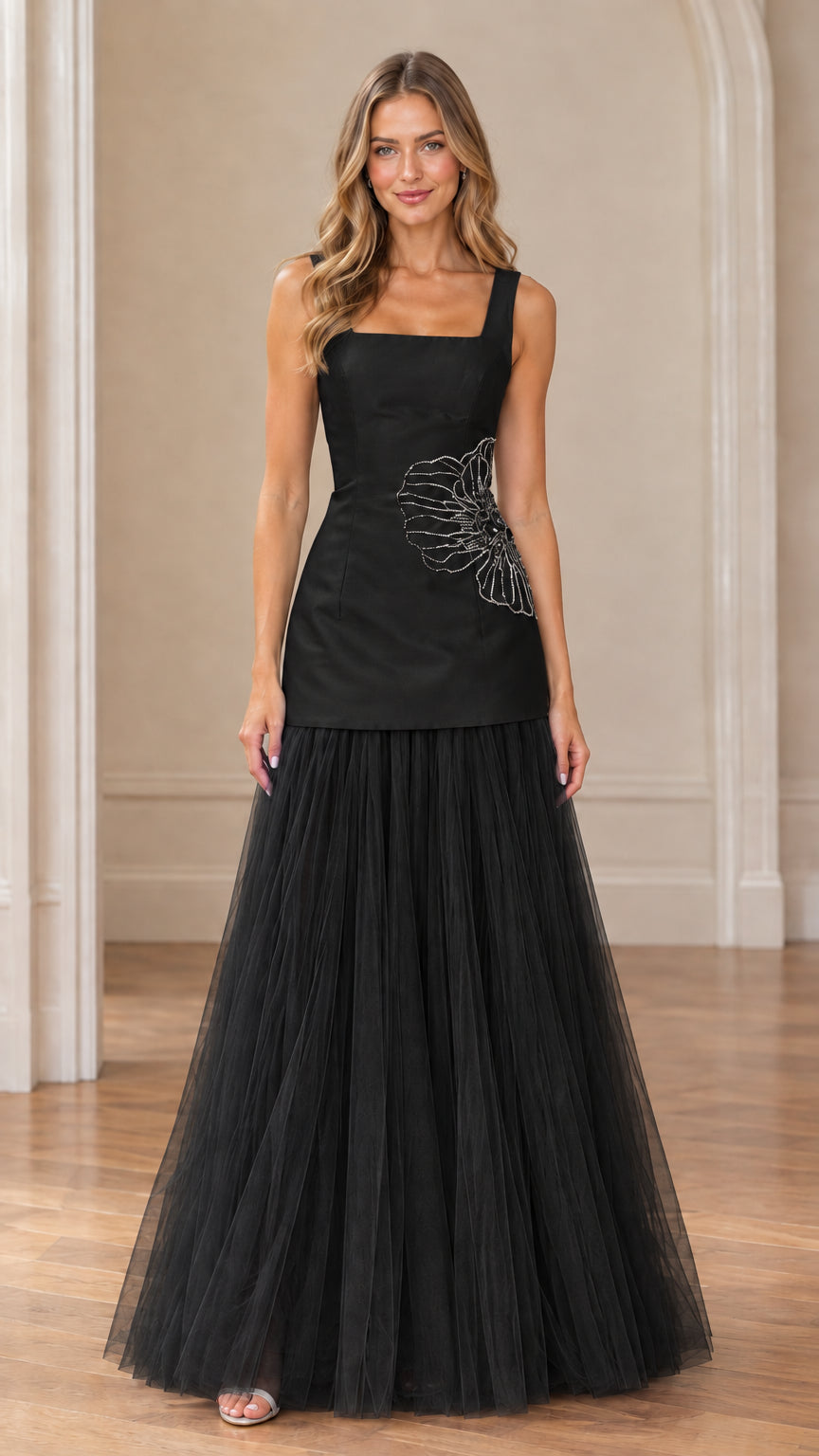 Black square neck beaded floral drop-waist evening dress with tulle skirt