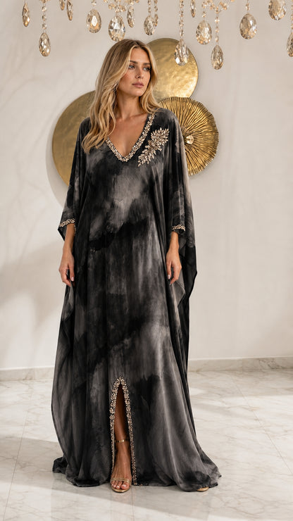 Charcoal Gray tie-dye embellished kaftan maxi dress