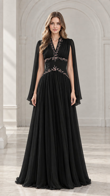 Black cape sleeve embroidered evening gown front view