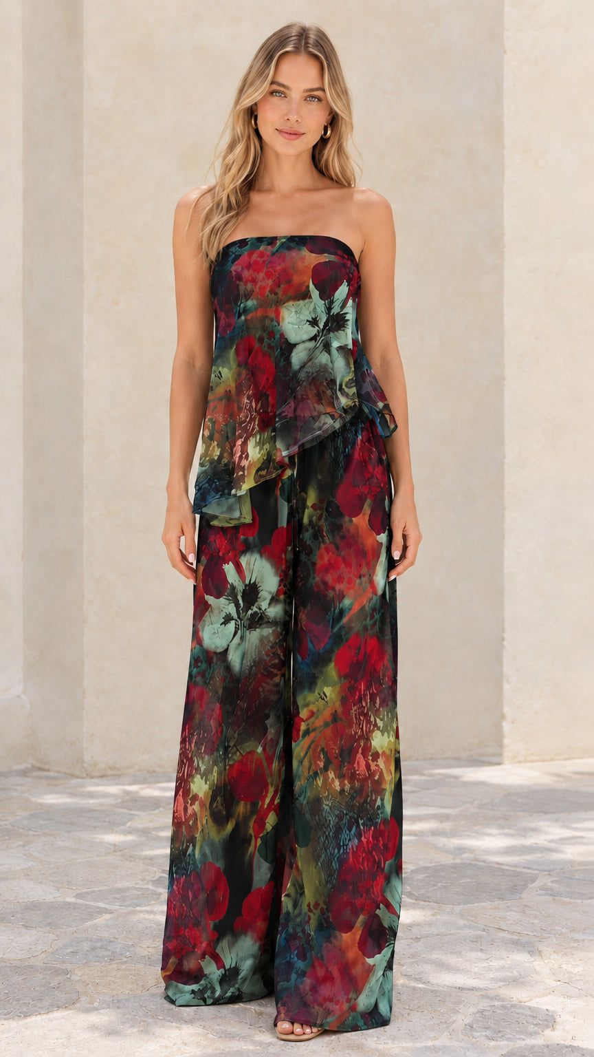 Front view of black multi floral strapless tiered wide-leg two-piece set