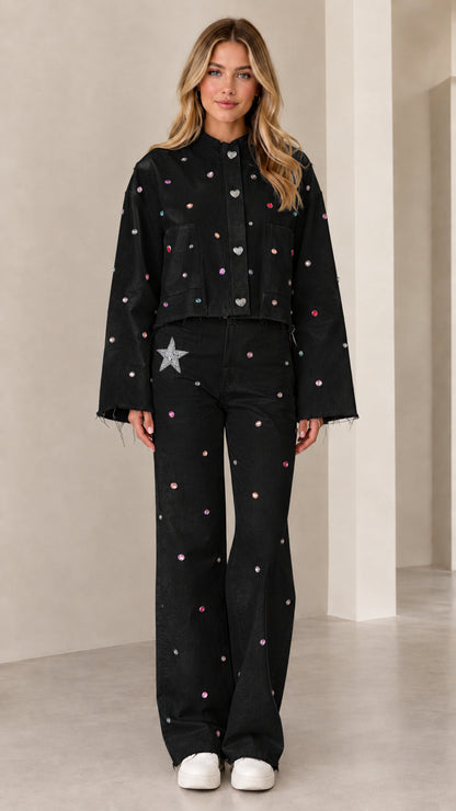 Full front view of black rhinestone embellished cropped jacket and wide-leg pant set