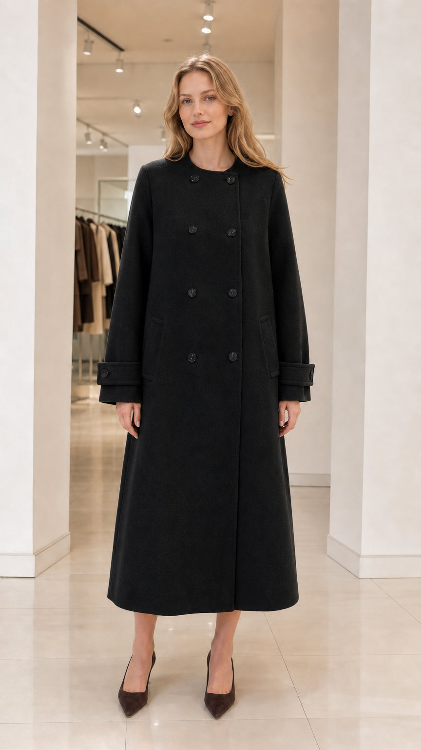 Front view of woman wearing classic black collarless double-breasted maxi coat
