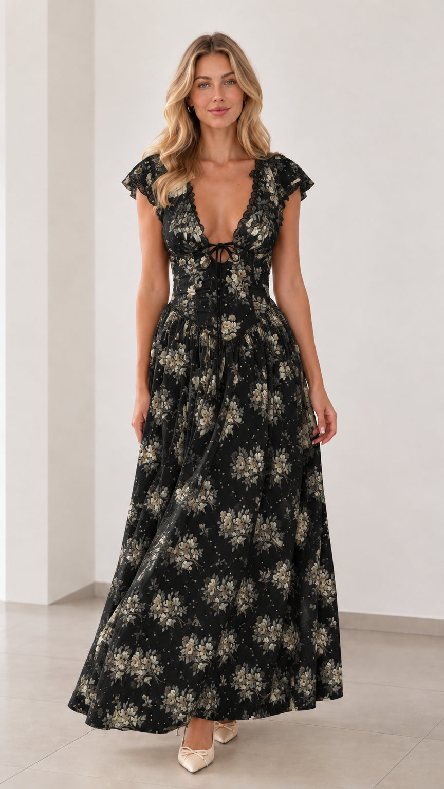 Front view of woman wearing black floral plunging tie-front maxi dress