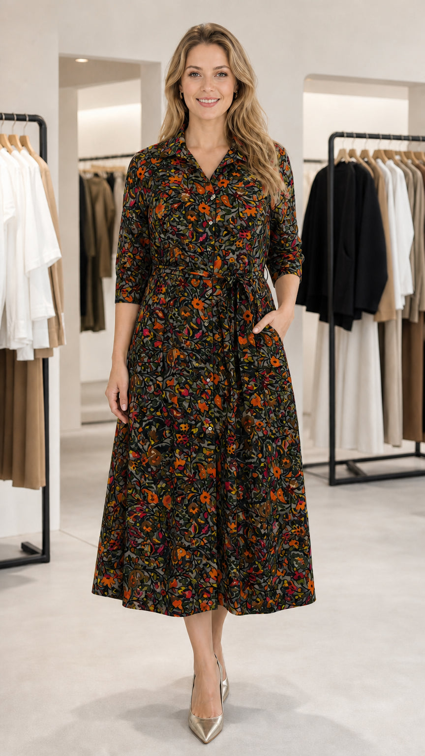 Front view of model wearing Black Floral 3/4 sleeve midi shirt dress