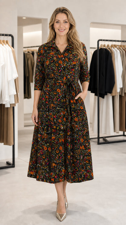 Front view of model wearing Black Floral 3/4 sleeve midi shirt dress