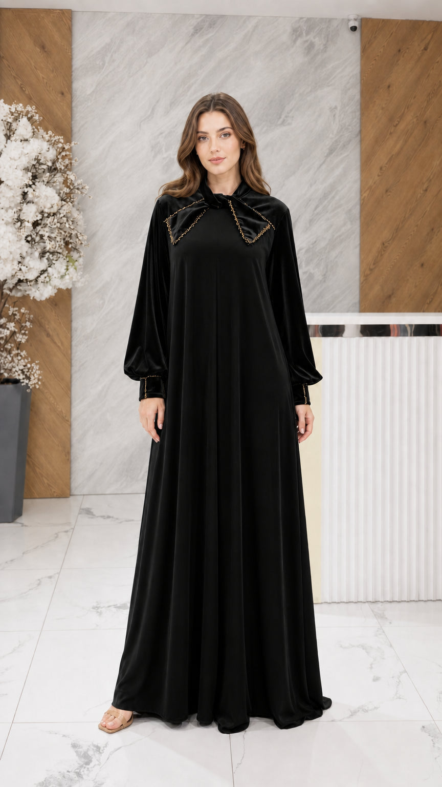 Black velvet embellished bow neckline long sleeve maxi dress