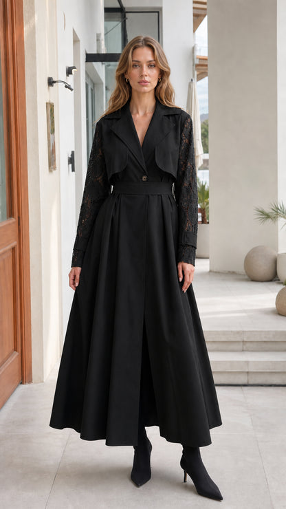 Front full view of woman wearing Black lace-sleeve trench maxi coat dress